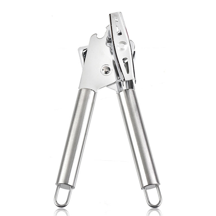 Stainless steel can and bottle opener with fold-out lever, silver finish