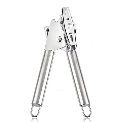 Stainless steel can and bottle opener with fold-out lever, silver finish