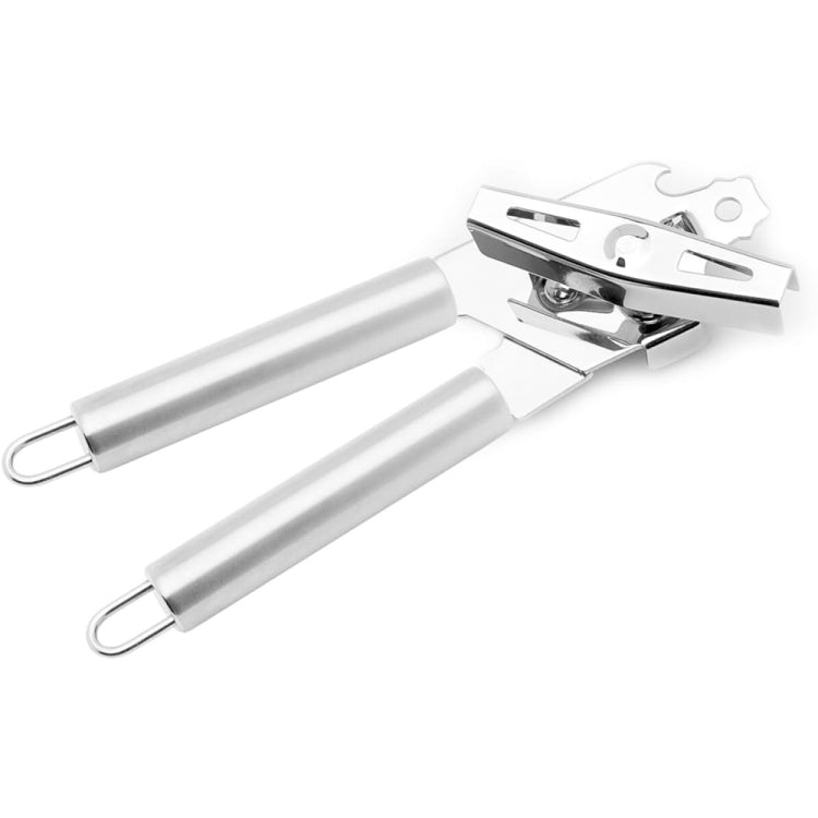 Silver stainless steel can opener with long handles and ring pull loops