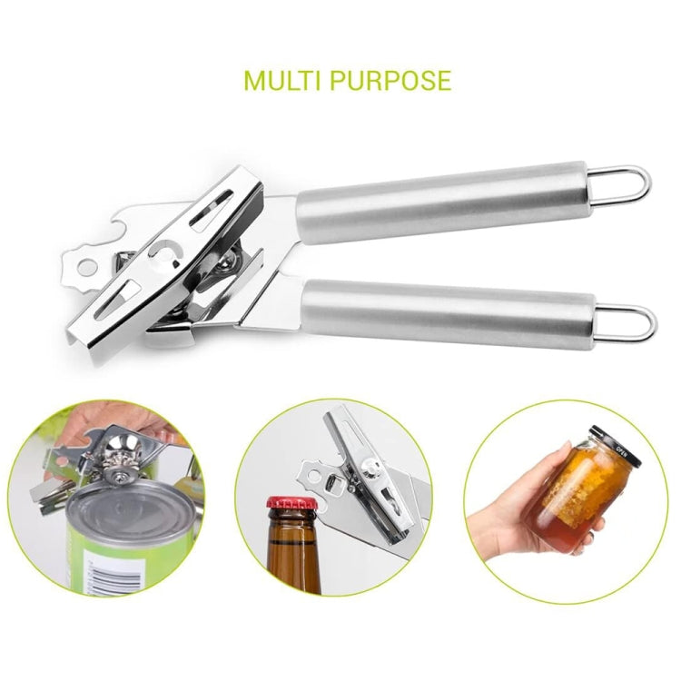Multifunction stainless steel can and bottle opener tool, silver, with two handles