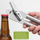 Stainless steel can opener held by hand, gripping a bottle cap, silver