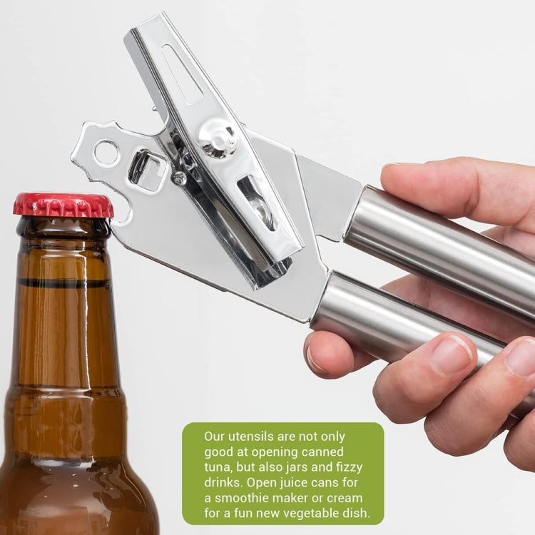 Stainless steel can opener held by hand, gripping a bottle cap, silver