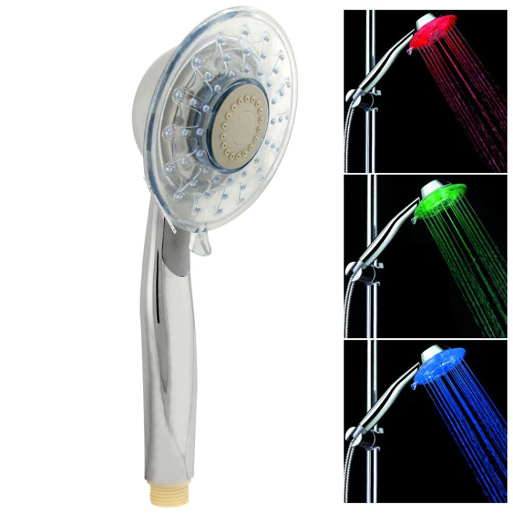 Chrome LED handheld shower head showing 3-color LED temperature glow