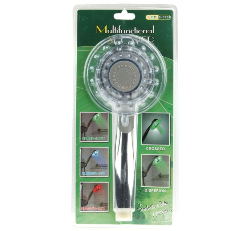 Packaged multi-function LED shower head with clear spray face and chrome handle