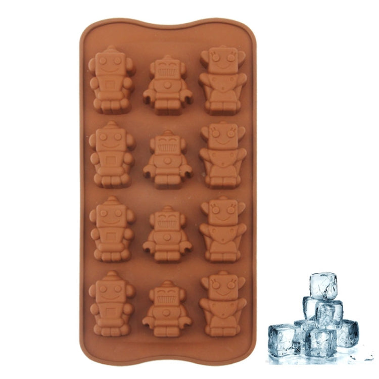 Brown silicone ice cube tray with 12 robot-shaped compartments, front view
