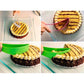 Green cake knife and server cutting a layered cake on a glass tray