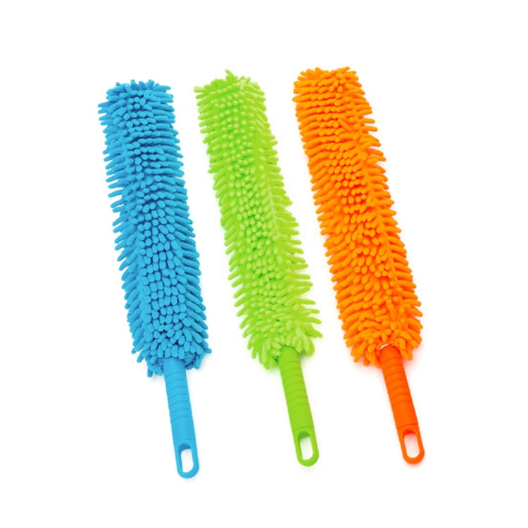 Double-sided chenille dust duster with blue, green, orange heads and loop handle