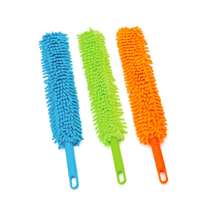 Double-sided chenille dust duster with blue, green, orange heads and loop handle