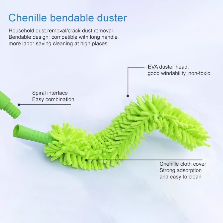 Double-sided flexible chenille dust duster with bright green head and white cloth cover