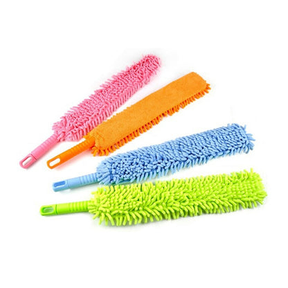 Single-sided chenille dust duster with flexible pink, orange, blue, and lime heads