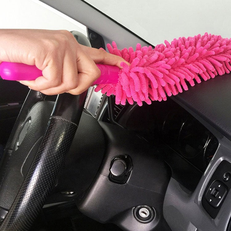 Single-sided chenille dust duster with pink spiral head on a hand-held handle