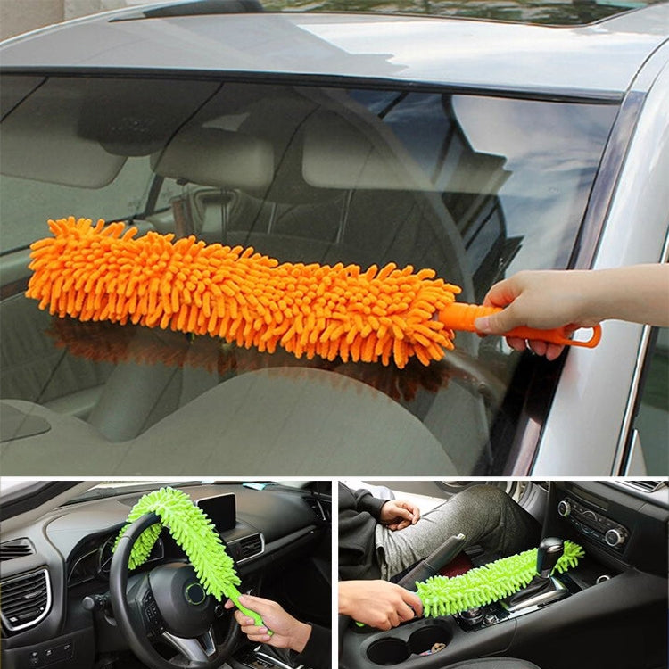 Single-sided chenille dust duster with orange spiral head on a hand-held handle