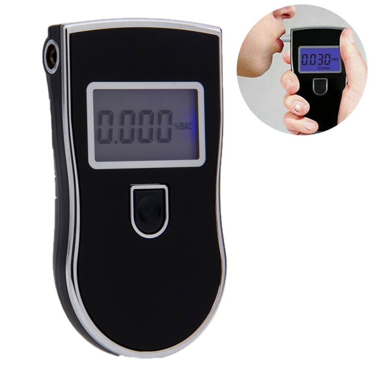Digital breath alcohol tester with black body and gray LCD screen display window