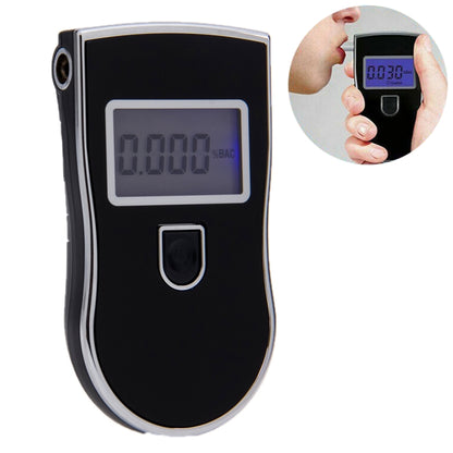 Digital breath alcohol tester with black body and gray LCD screen display window
