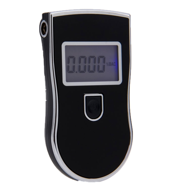 Digital breath alcohol tester, black casing with blue-lit LCD display and power button