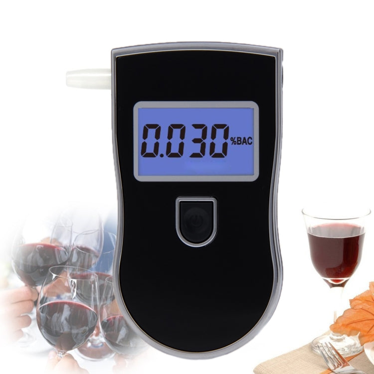 Black breath alcohol tester with blue LCD display and front mouthpiece