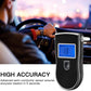 Portable breath alcohol tester with blue LCD screen and mouthpiece attached