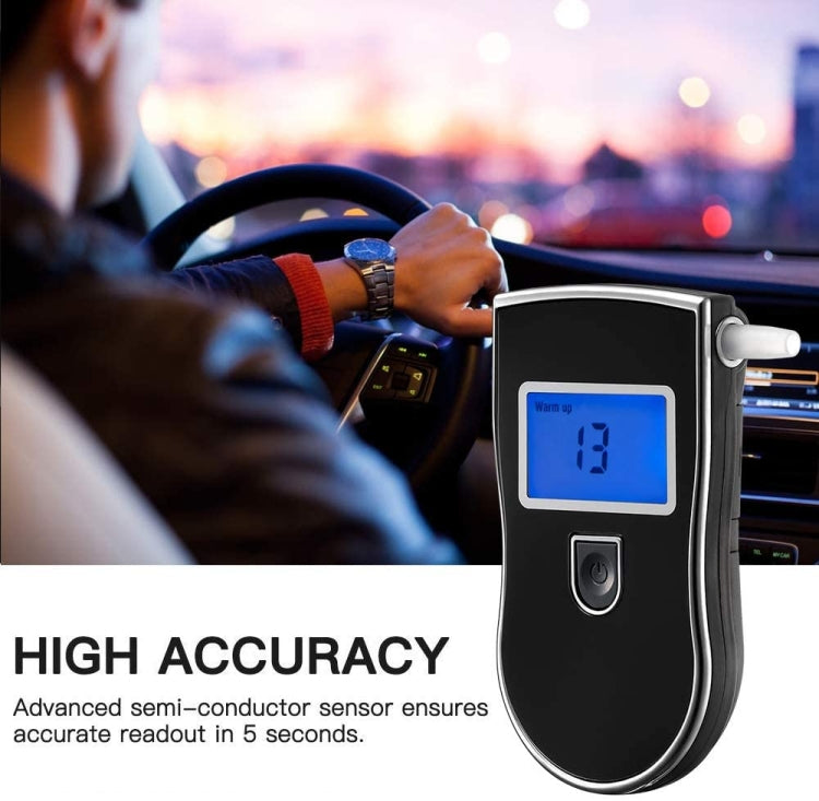 Portable breath alcohol tester with blue LCD screen and mouthpiece attached