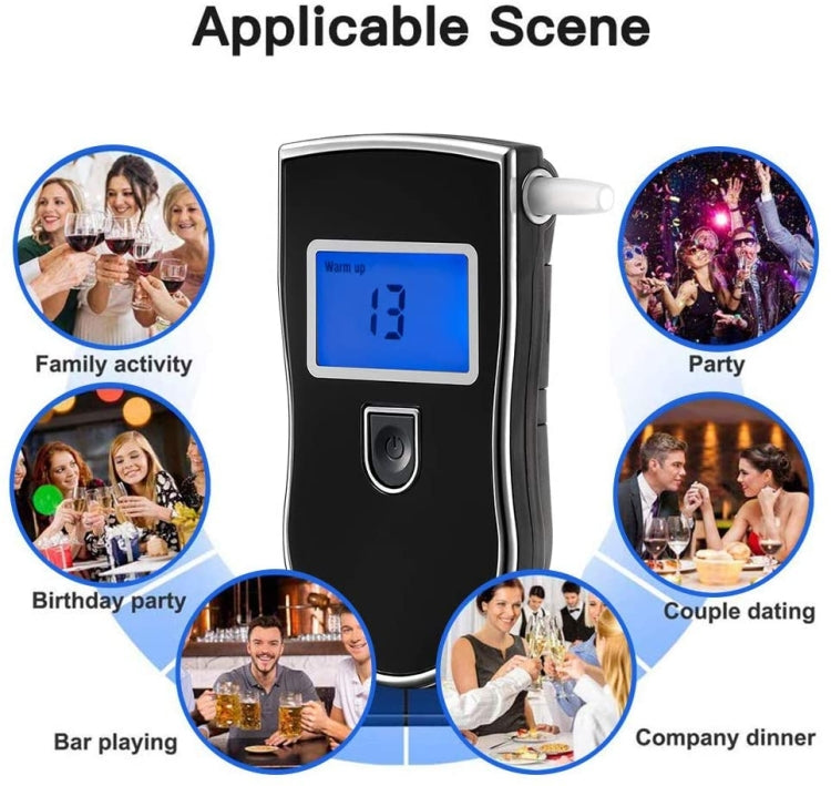 Black breath alcohol tester device with blue LCD display and side mouthpiece