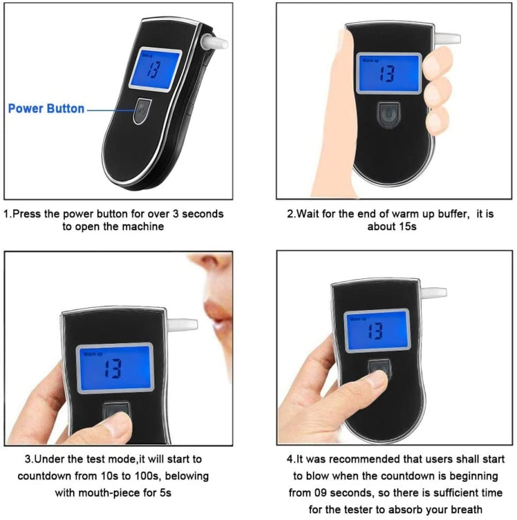 Handheld breath alcohol tester with blue LCD readout and power button