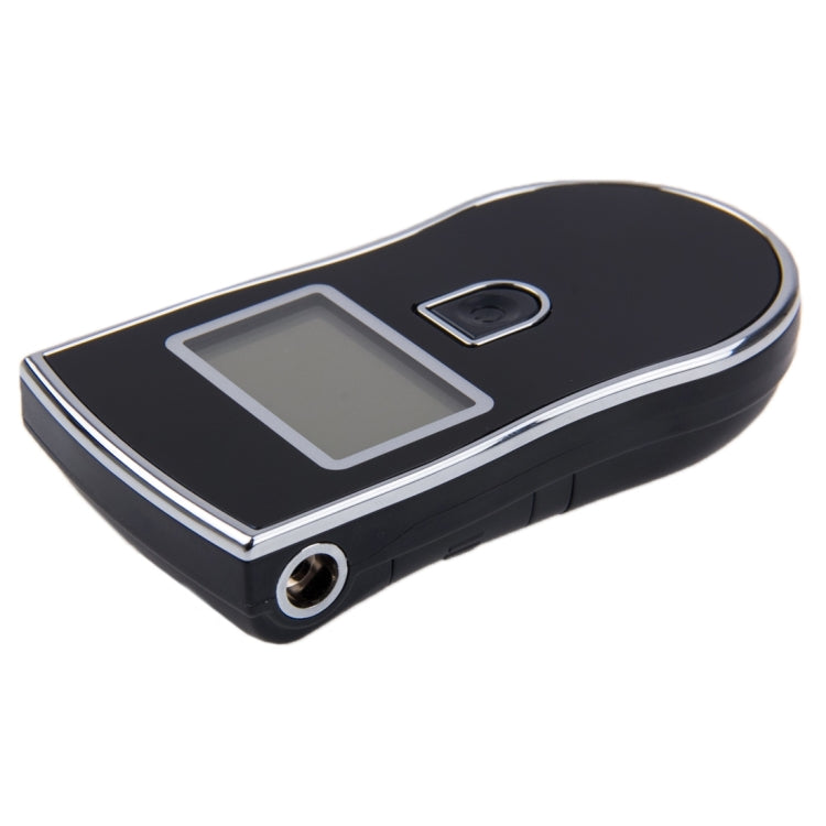 Digital breath alcohol tester, black handheld device with LCD and side mouthpiece port