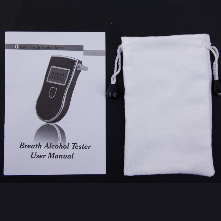 Breath alcohol tester user manual and white storage pouch with drawstring