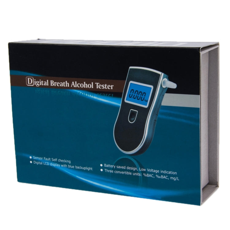 Digital breath alcohol tester retail box with device shown and blue backlit LCD