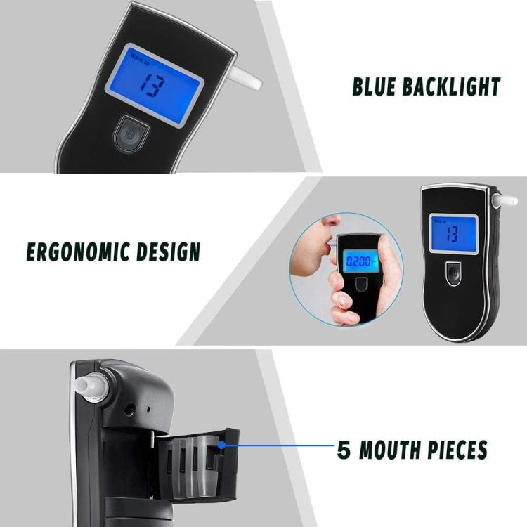 Digital breath alcohol tester with blue LCD backlight and ergonomic black handle design