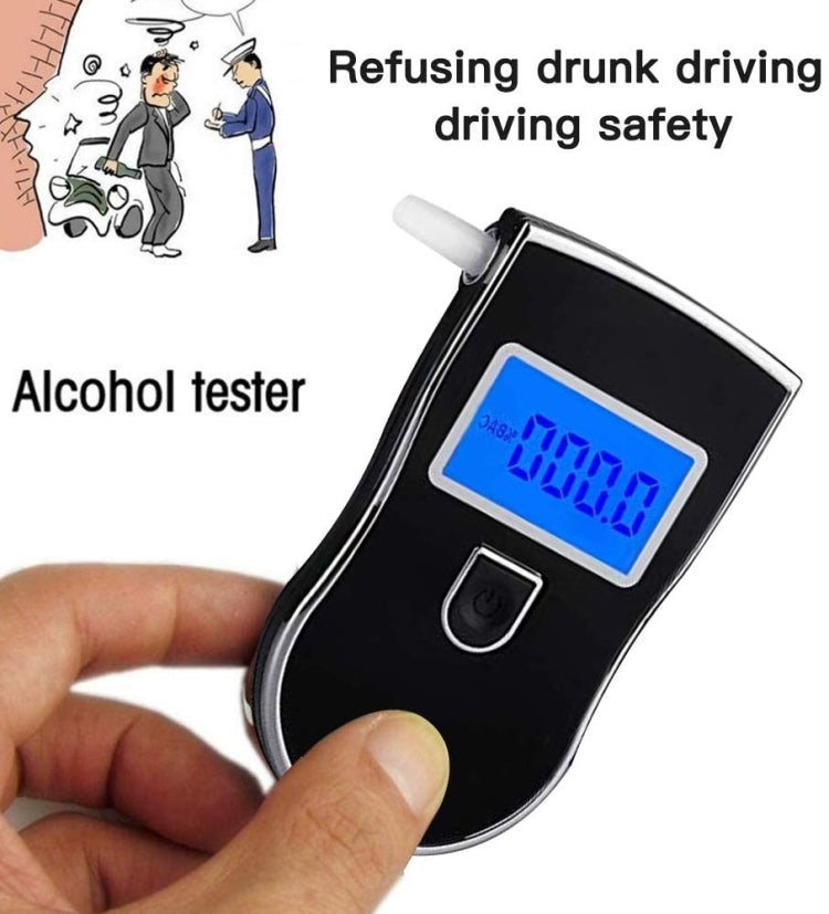 Handheld breath alcohol tester with blue LCD and mouthpiece, held in fingers