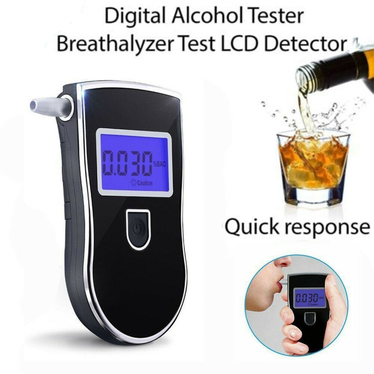 Digital breath alcohol tester with blue backlit LCD and side mouthpiece