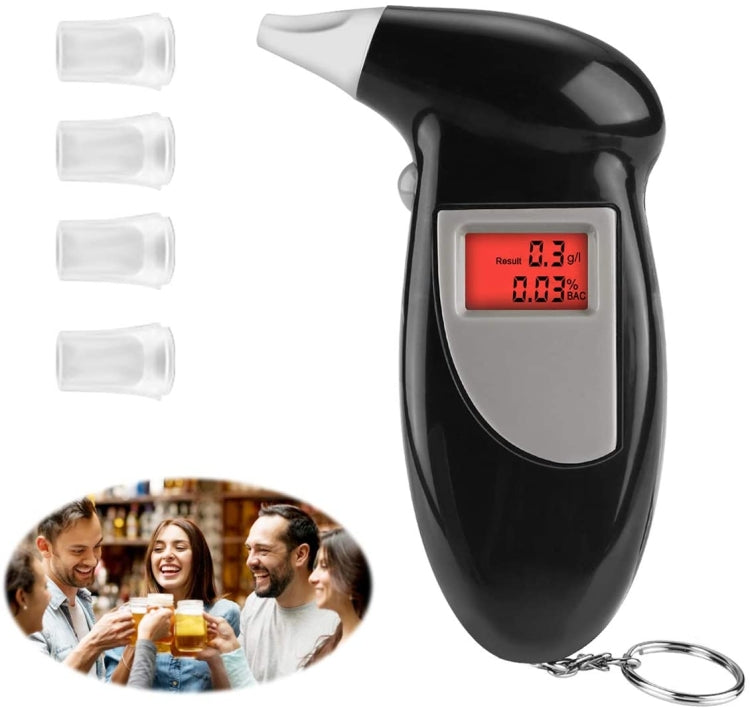 Black handheld digital alcohol breath tester with LCD display and keychain