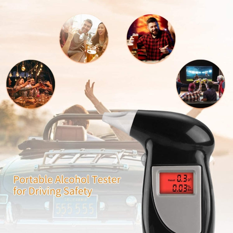 Handheld digital alcohol tester with black body and red LCD breathalyzer screen