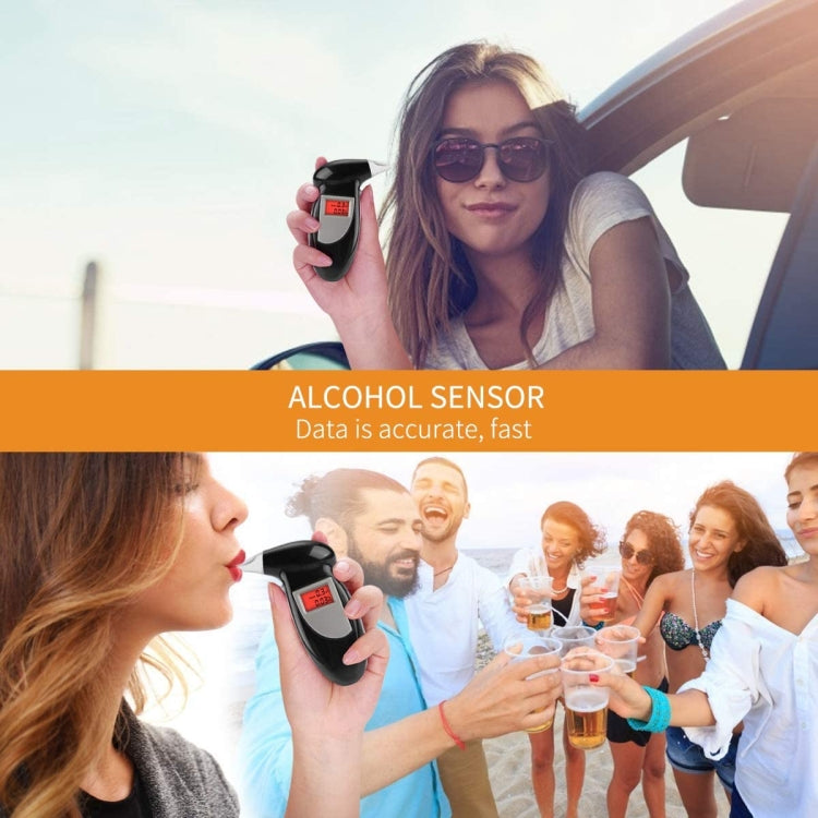 Portable digital breathalyzer with black handheld design and red LCD display