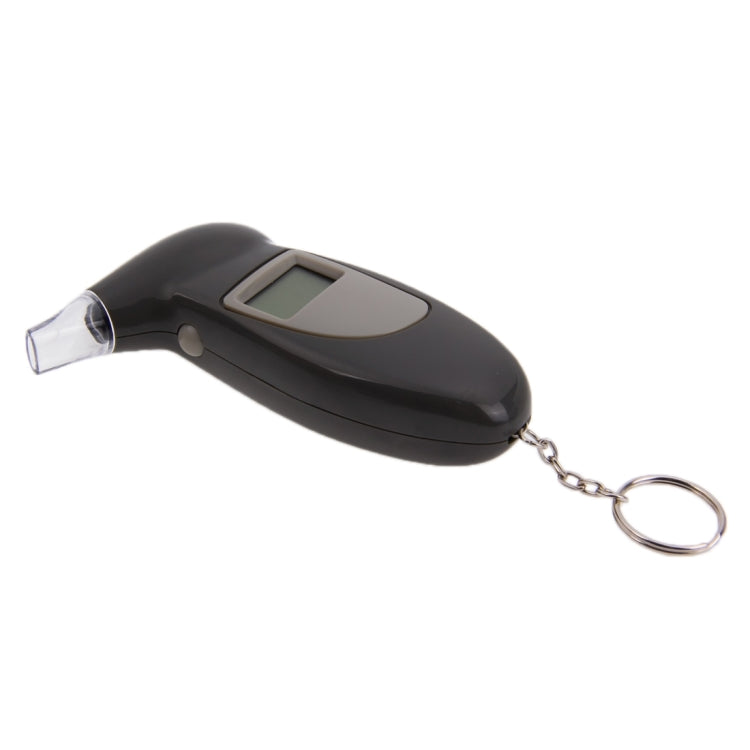 Black handheld alcohol breath tester with mouthpiece and keychain