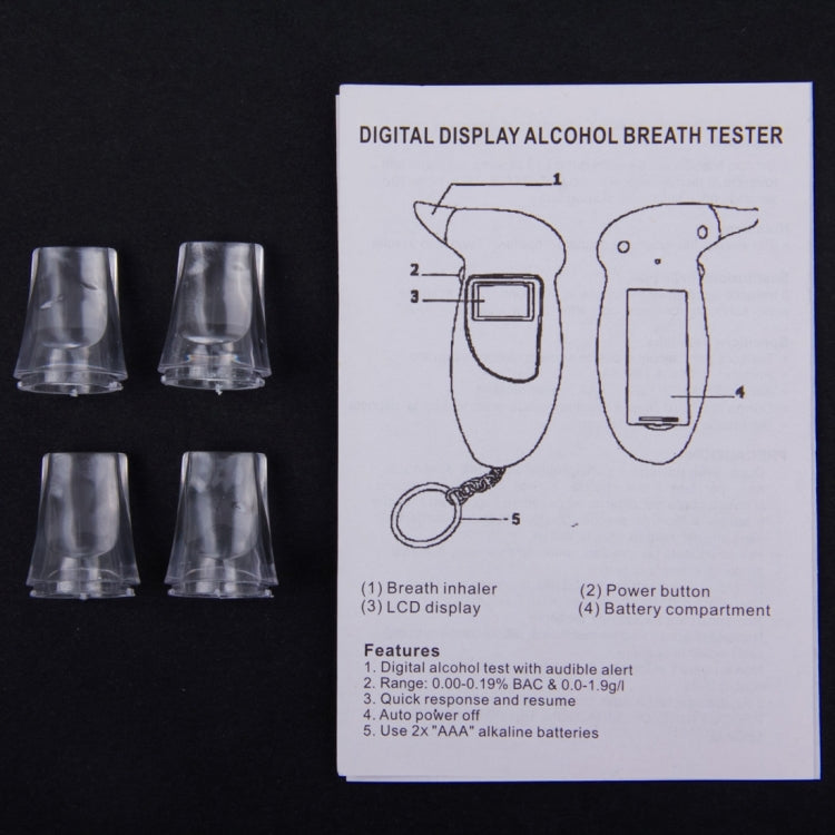Digital display alcohol breath tester instruction sheet with labeled diagram