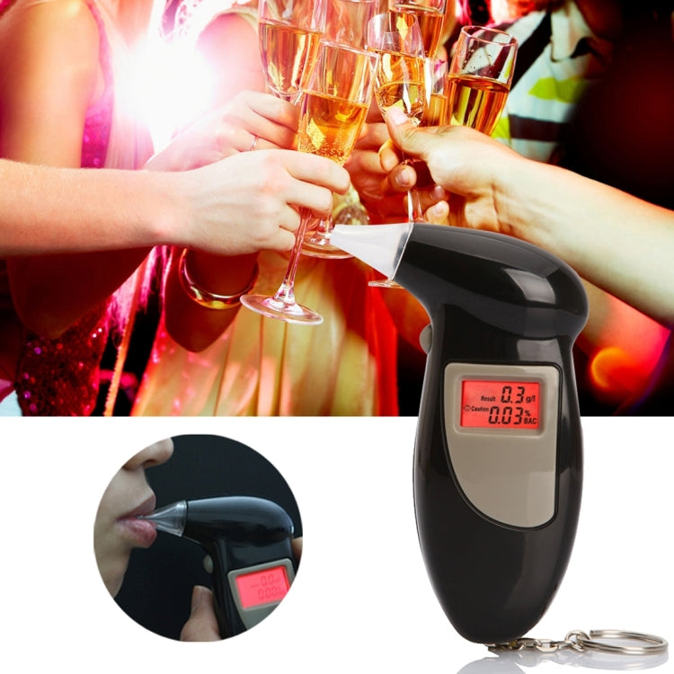 Black digital alcohol breath tester with LCD reading and clear mouthpiece