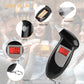 Digital alcohol breath tester with LCD screen, mouthpiece, and keychain details