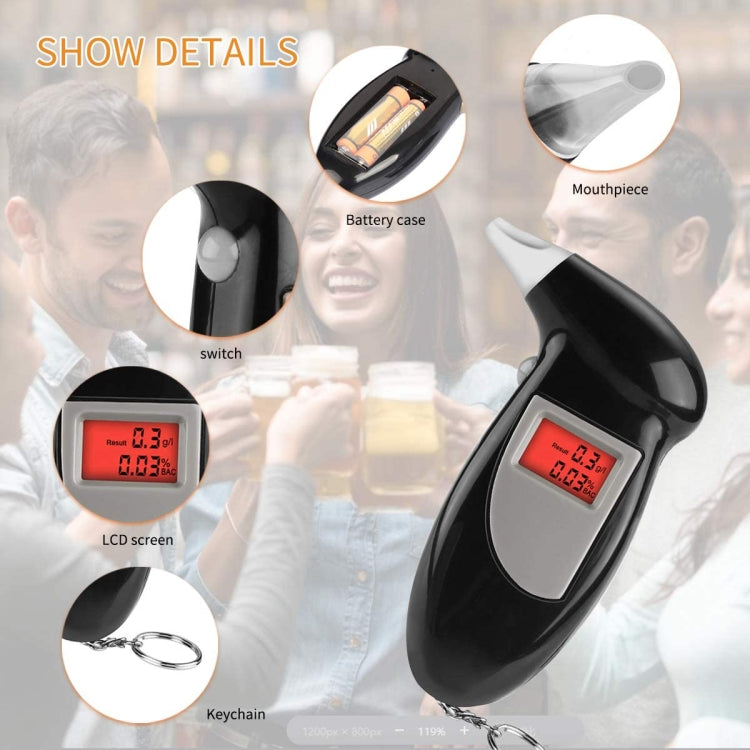 Digital alcohol breath tester with LCD screen, mouthpiece, and keychain details