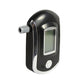 Digital breath alcohol tester side view with mouthpiece and LCD window, black/silver