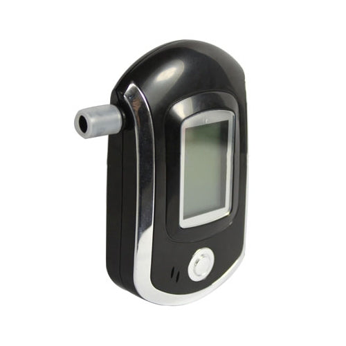 Digital breath alcohol tester side view with mouthpiece and LCD window, black/silver