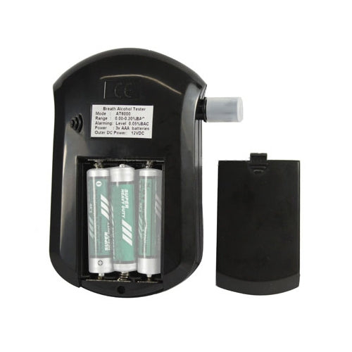 Digital breath alcohol tester rear view with battery compartment and removable cover, black