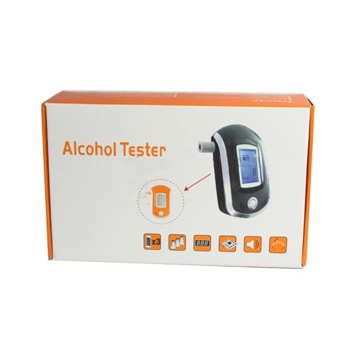 Alcohol tester retail box with orange and white graphics and device image