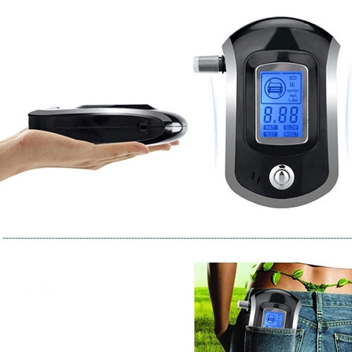 Digital breath alcohol tester with blue LCD screen, mouthpiece, and hand holding