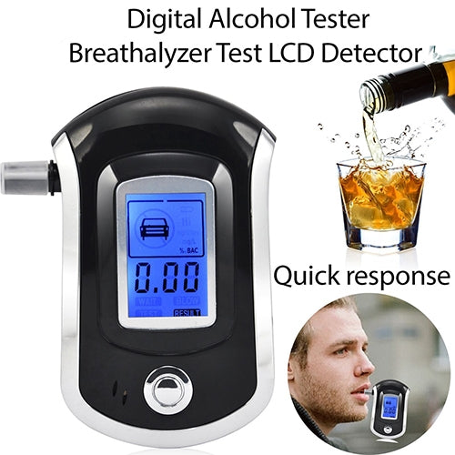 Digital breath alcohol tester with blue LCD display and mouthpiece, front view