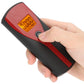 Handheld alcohol breath analyzer held in hand, orange backlit LCD result