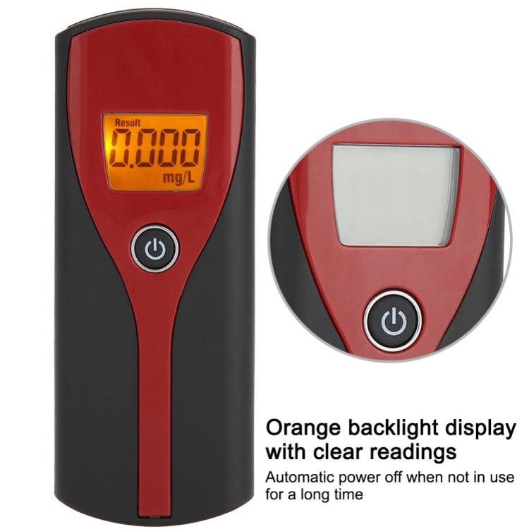 Handheld alcohol breath analyzer with orange LCD and power button, mg/L