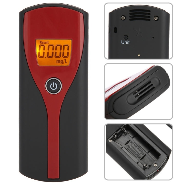 Alcohol breath analyzer showing front LCD and rear vented unit with power button
