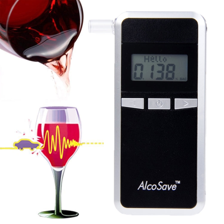 Digital breath alcohol tester with black LCD screen and AlcoSave logo.