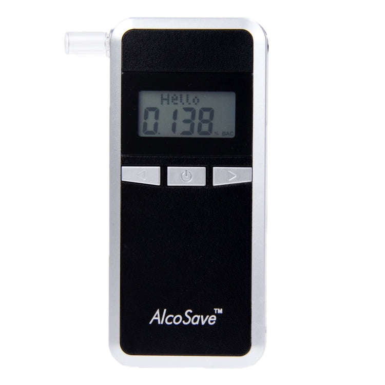 Digital breath alcohol tester with illuminated LCD reading on white-framed body.