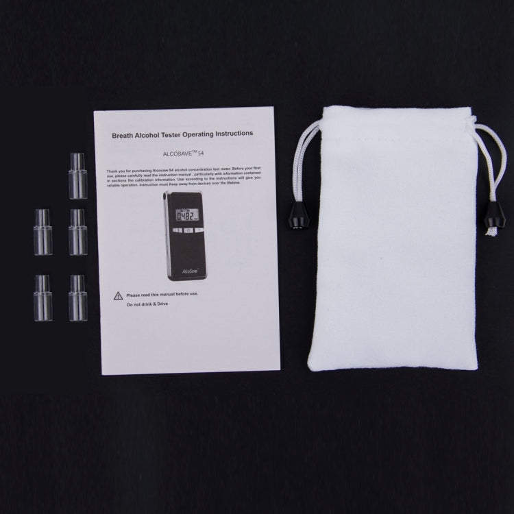Breath alcohol tester kit with instruction sheet and fabric storage pouch.
